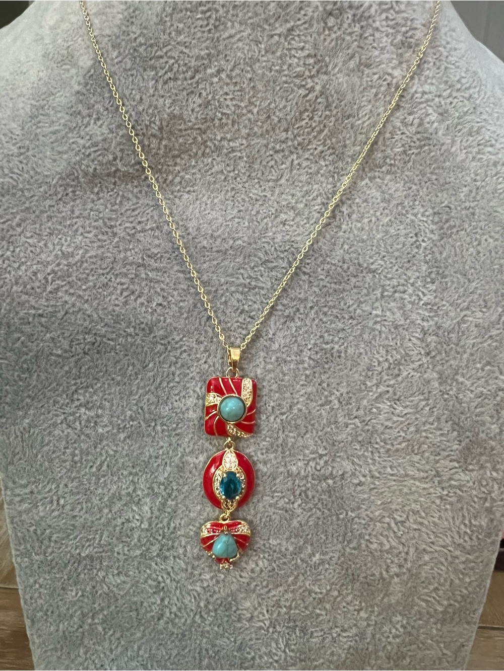Gold-Tone Red and Turquoise Pendant Necklace